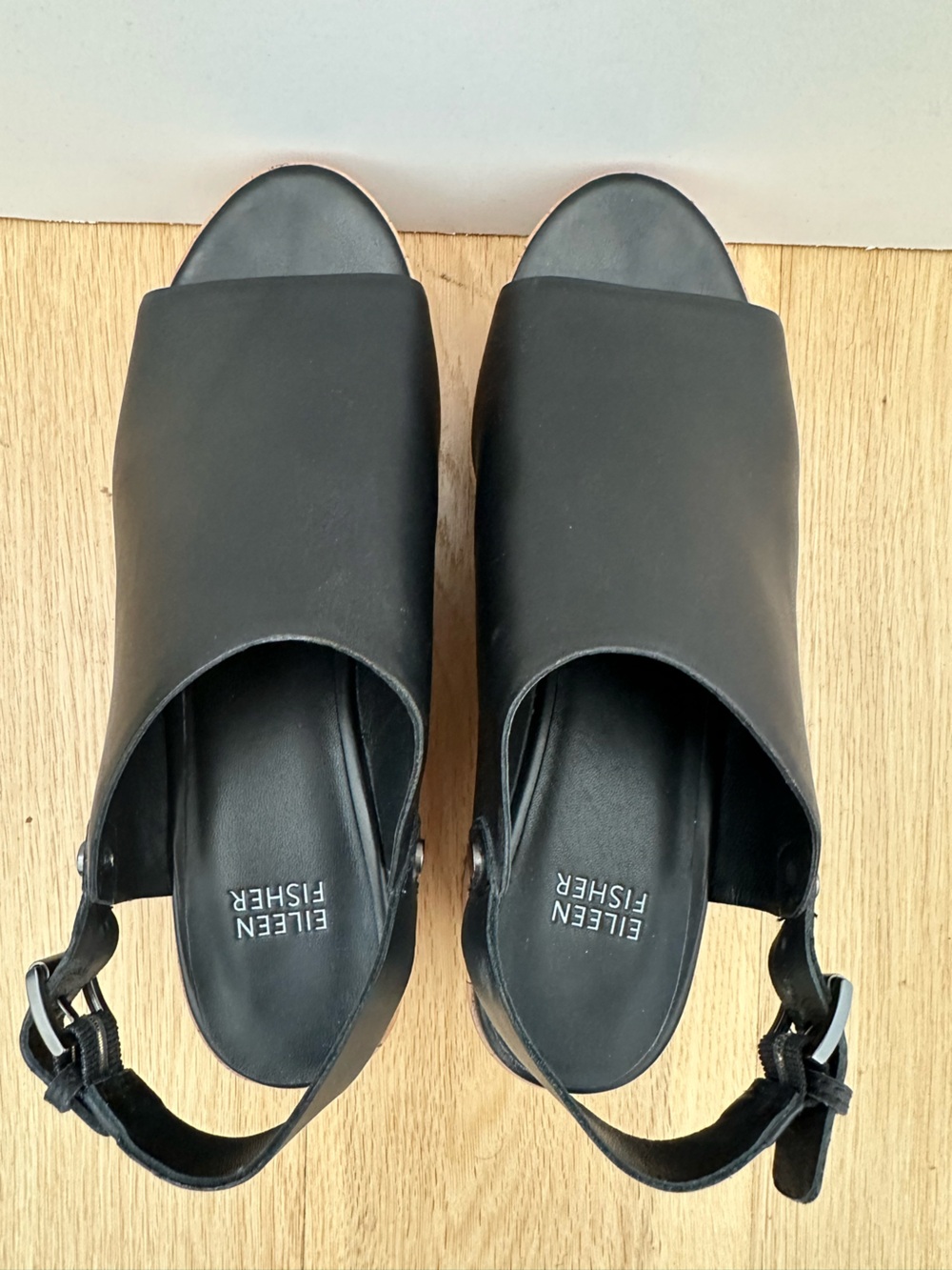 Eileen Fisher - Black Leather / Cork Platform Wedge Sandals - 7 1/2 - Picture 4 of 15
